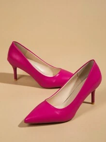 Women's Fashion Casual Outdoor Stiletto Kitten Heel Solid Color Synthetic PU Court Shoes Pointed Toe High Heels - Hot Pink - View 5