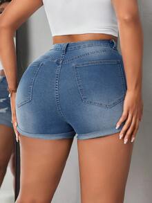 SHEIN SXY Kích thước lớn Đau khổ Denim mùa giặt Quần short Denim , Thích hợp Cho mùa hè - Rửa nhẹ - Xem 2