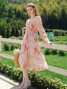 Đầm Xù Dây kéo Nếp gấp Phần Ngực Hoa Boho - Hồng - Xem 9