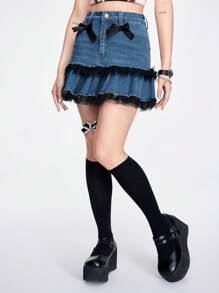 ROMWE Kawaii Women's Bow Decorated Contrast Mesh Ruffle Hem Denim Skirt - Blue - View 3