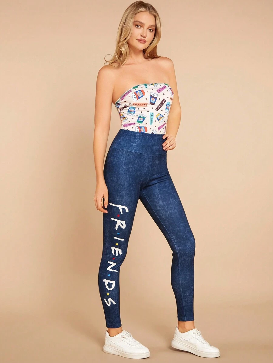 FRIENDS X SHEIN 休闲字母印花牛仔效果蓝色弹力高腰紧身裤 - 藍色 - 查看 1