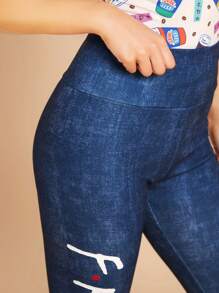 FRIENDS X SHEIN 休闲字母印花牛仔效果蓝色弹力高腰紧身裤 - 藍色 - 查看 3