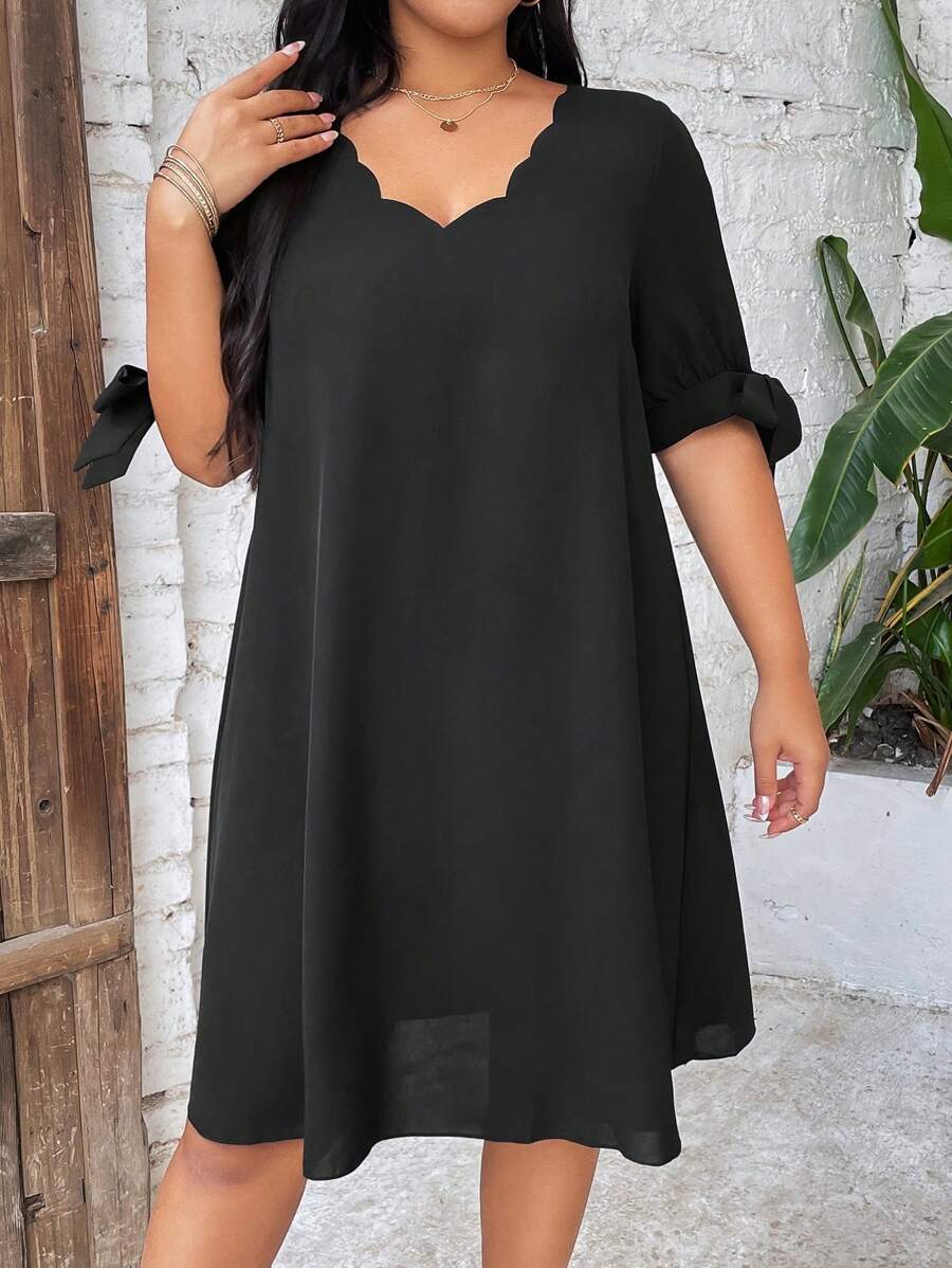 Calvaya 鬆身大尺碼夏季休閒洋裝,帶有扇貝邊緣 - 黑色 - 查看 1