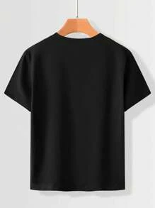 SHEIN 少年男童卡通魚和字母印花基礎款圓領短袖T卹，夏季款 - 黑色 - 查看 2