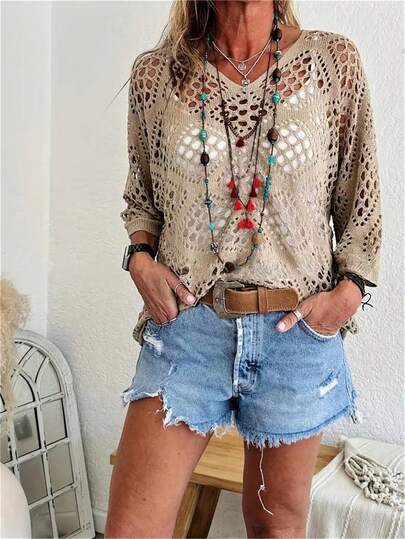 Plus Size Spring/Summer V-Neck Diamond Shape Hollow Out Batwing Sleeve Women's Sweater