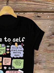 Calvaya 大码女式夏季口号印花圆领短袖休闲T恤便条图案T恤女式上衣 - 黑色 - 查看 3