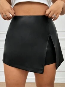 Comfortcana 大码不对称下摆PU皮革休闲裙裤，春夏款 - 黑色 - 查看 2