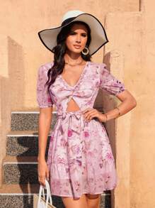 GENKIRA Summer Holiday Random Floral Print Hollow Out Short Sleeve Dress - Pink - View 3