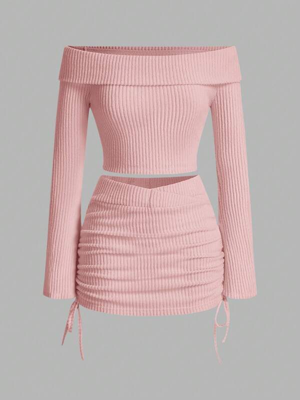 SHEIN EZwear Gebreid Geribd Open schouders Top & rok set , Casual Stijl: