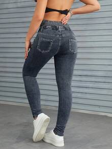 Pantalon Vintage Skinny Stretch pour femmes avec taille haute et multi-poches pour vêtements de travail - Gris - Voir 2