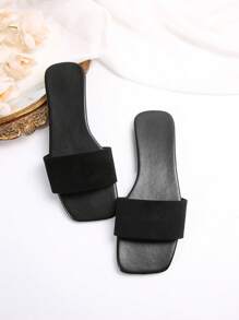 Women Single Band Open Toe Slide Sandals, Elegant Solid Outdoor Faux Suede Flat Sandals - Black - View 5