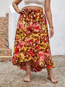 SHEIN VCAY 全身花卉印花波浪邊裝飾,打結側邊的夏季裙子 - 彩色 - 查看 5