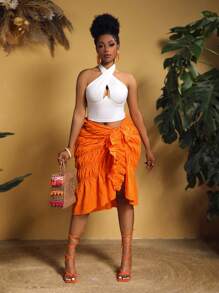 Slaydiva 大尺碼女士彩色拼接十字背心領上衣和裙子沙灘假期套裝 - 彩色 - 查看 2