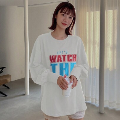 봄, 가을 의류를 위한 레터 프린트 드롭 숄더 긴팔 티셔츠