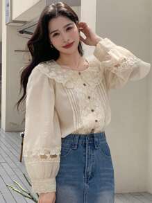 DAZY 撞色蕾丝个性领衬衫长袖上衣 - 杏色 - 查看 5