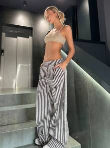 SHEIN EZwear Women's Low Waist Pinstripe Suit Pants With Side Pockets - Multicolor - View 3