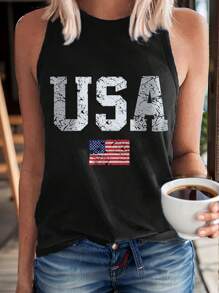 SHEIN LUNE 女士休闲简约独立日旗帜字母印花吊带背心，夏季
