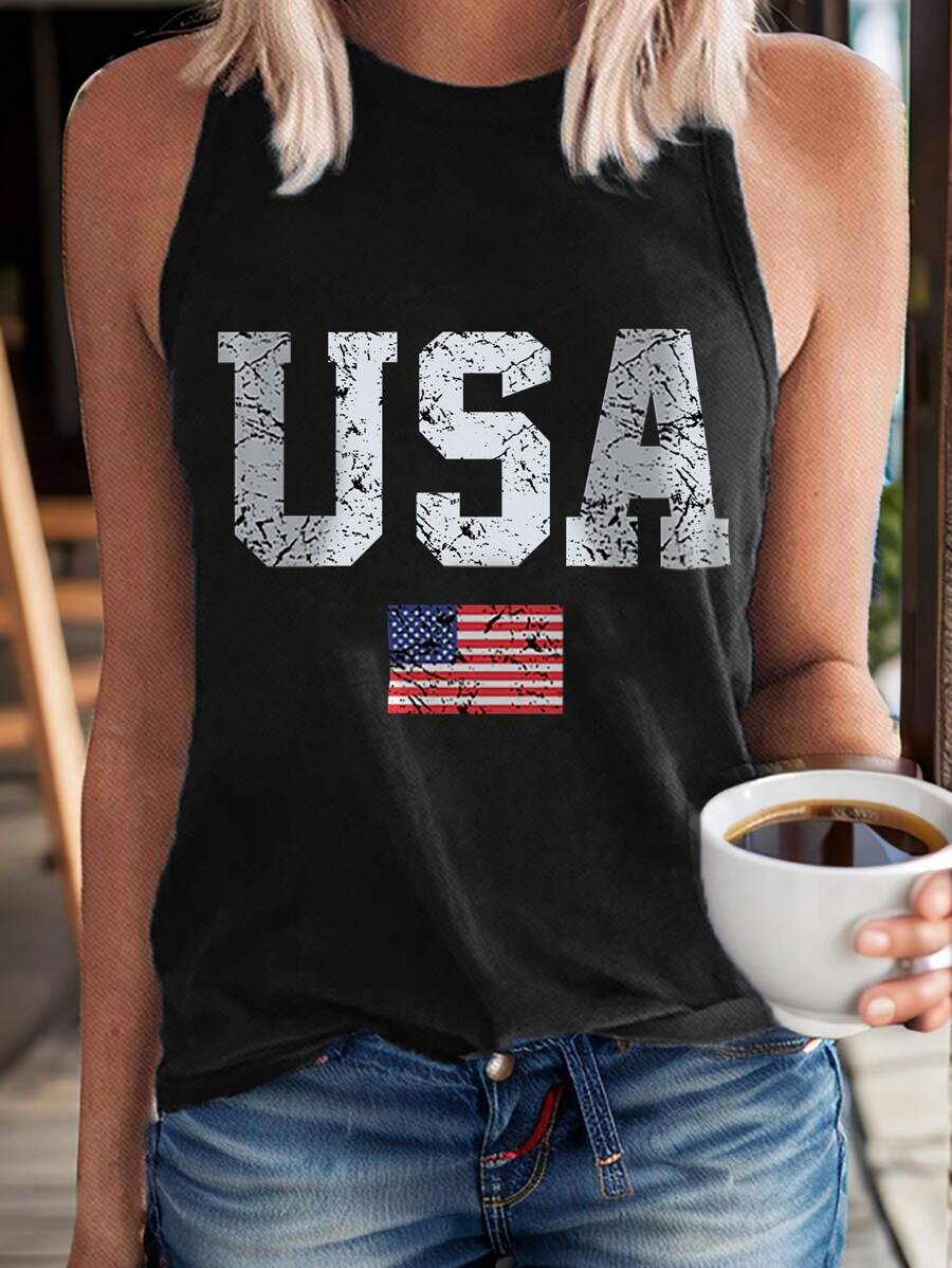 SHEIN LUNE 女士休闲简约独立日旗帜字母印花吊带背心，夏季