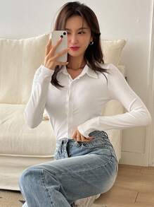 DAZY Ladies' Solid Color Ribbed Stripe Long Sleeve T-Shirt, Suitable For Spring And Summer,Fall Clothes - White - View 7