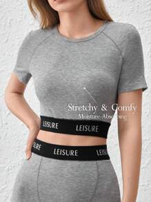Ocili Top holgado de lounge con cinta de letras gris y cómodo con tejido elástico - Gris - Ver 1