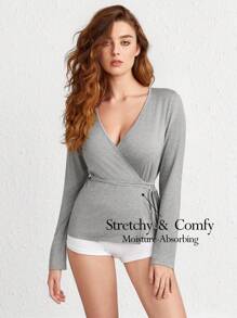 素色圍裹腰帶休閒服上裝 - 灰色 - 查看 1