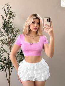 SHEIN Sweetina Women's Summer Short Sleeve Cropped Top With 3d Flower Decoration - Pink - View 5