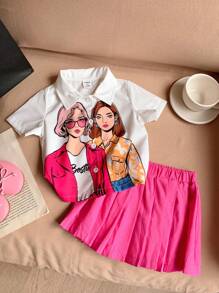 SHEIN 嬰兒女孩休閒街頭風格卡通印花折領上衣和百褶裙套裝，春季/夏季 - 玫紅色 - 查看 4