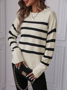 EMERY ROSE 女士時尚黑白條紋長袖套頭毛衣