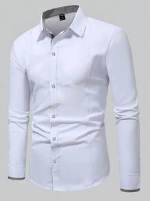 Manfinity Mode 男士春夏款格子拼接設計鈕扣長袖休閒襯衫，修身版素白襯衫，適用於丈夫 - 白色 - 查看 3