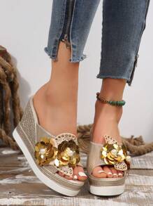 女款楔形跟厚底涼鞋,2024夏季新款鑲有水鑽,防水平台,高跟,大尺碼全配羅馬鞋款 - 金色 - 查看 1