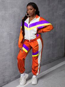 Slaydiva Women's Color-Blocked Jacket And Long Pants Athletic Tracksuit, Suitable For Spring - Orange - View 3
