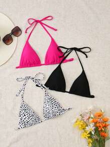 Swim Basics Women's Fashionable Solid Color & Polka Dot Bikini Top For Summer Beach Swimming