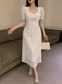 DAZY 提花网纱拼接甜心领修身短袖连衣裙，配腰带，生日舞会礼服，优雅女士连衣裙，长款连衣裙 - 白色 - 查看 5