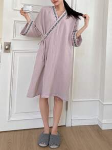 DAZY Phong cách Nhật  Kimono ÁO choàng mặc nhà Với Trang trí Dệt Ruy băng - Bụi tím - Xem 6