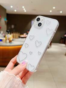 Valentines Y2K Heart Print Rhinestone Decor Clear Phone Case,International Version, Not The Domestic Version - Multicolor - View 3