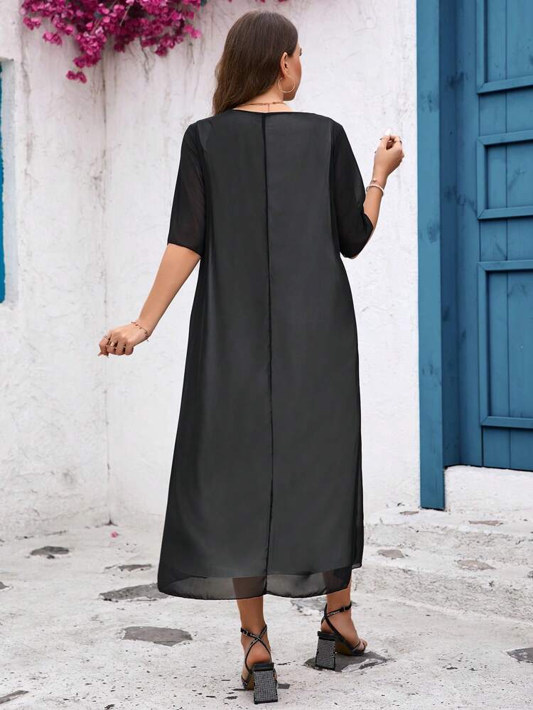 Plus Size Color Blocking Button Details V-Neck Casual Summer Dress