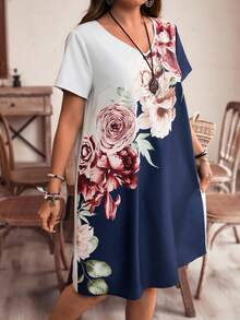 EMERY ROSE 大尺碼女士夏季休閒色塊花卉印花V領母親節 - 彩色 - 查看 3