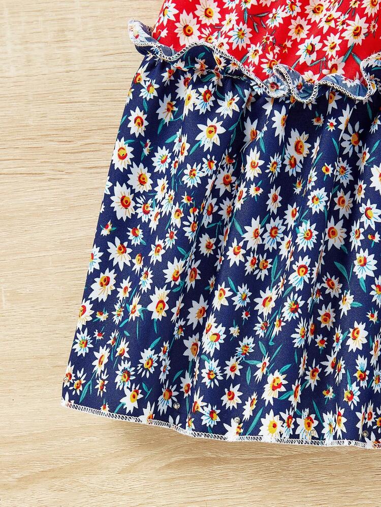 Young Girl Cute Square Neck Bubble Sleeved Patchwork Floral Dress