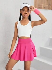 SHEIN Tween Mädchen Sportkleidung Set, Bestehend Aus Einfarbigem Westen Und Rock Mit U-förmigem Ausschnitt, Kreuzt Am Taillenbereich (mit Enganliegender Shorts, Um Das Herausblitzen Zu Verhindern)