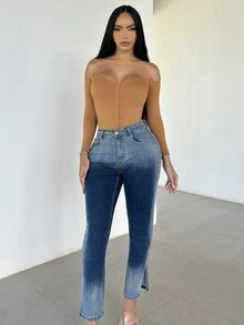 女款開衩下擺漸層喇叭牛仔褲 - 中等水洗藍 - 查看 2