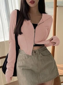 DAZY Của phụ nữ Màu thuần Dây kéo mặt trước Ngắn Thon gọn Hoodie Với Tay áo dài , Thích hợp Cho mùa xuân Và Mùa thu - Màu Hồng baby - Xem 5