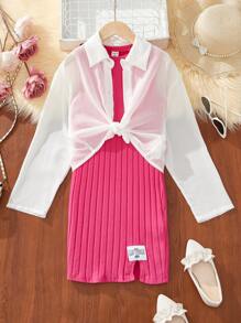 SHEIN 2pcs/Set Tween Girls' Knitted Solid Color Round Neck Sleeveless Loose Casual Dress And Woven Solid Color Chiffon Casual Shirt - Pink - View 3