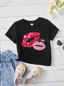 SHEIN Áo thun tay ngắn họa tiết đôi môi thường ngày cho bé gái, 95% cotton, phù hợp cho mùa hè, Ngày của mẹ (Bộ đôi mẹ và con, bán riêng 2 chiếc) - màu đen - Xem 2