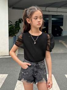 SHEIN Tween Girl Contrast Mesh Bubble Sleeve Round Neck T-Shirt - Black - View 1