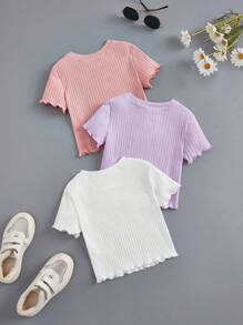 SHEIN Tween Girl 3 cái/bộ Áo thun ngắn tay cổ tròn màu trơn thông thường thoải mái - Màu tím hoa cà - Xem 2