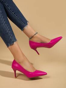 Women's Fashion Casual Outdoor Stiletto Kitten Heel Solid Color Synthetic PU Court Shoes Pointed Toe High Heels - Hot Pink - View 6