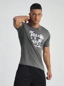 Manfinity Sport Corelite 男友风男士夏季休闲运动圆领棕榈树图案 T 恤