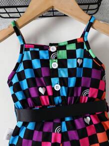 Baby Girl Y2k Streetwear Mosaic Print Spaghetti Strap Flare Jumpsuit With Waist Bag For Summer