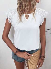SHEIN LUNE Women's Summer Casual Loose Fit Shirt With Keyhole Neckline, Burn-Out Floral Embroidery And Raglan Sleeves - White - View 6