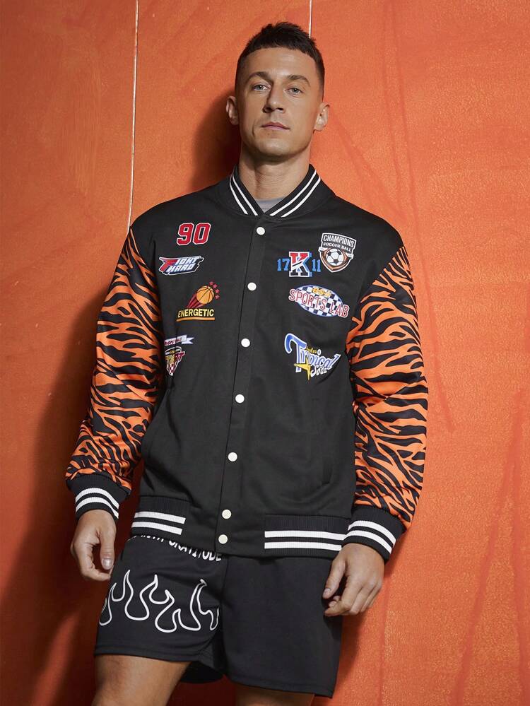 Boyfriend Style Men's Baseball Collar Tie Pocket Letter & Cartoon Printed Sports Jacket Workout Tops